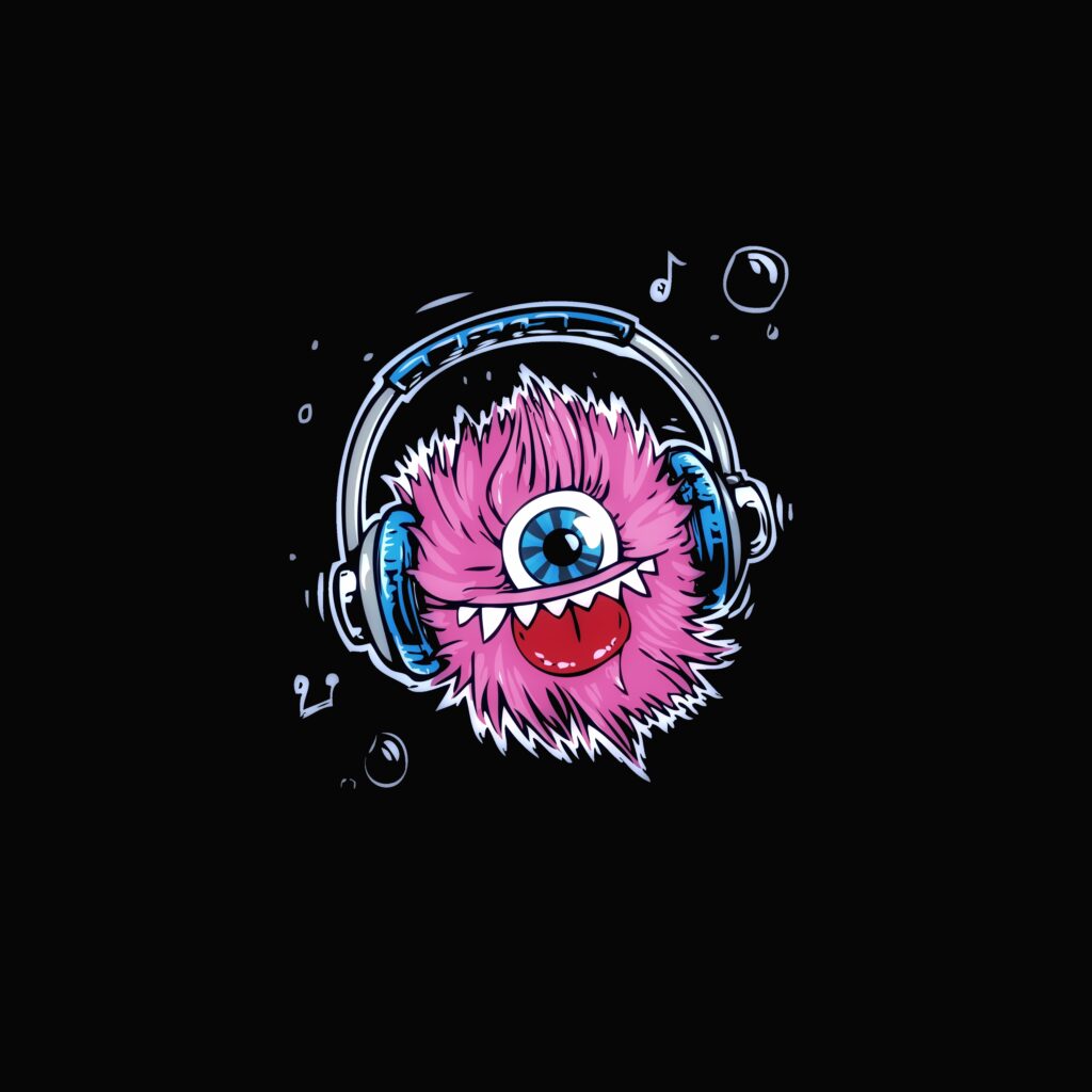 Playful Pink Monster Wallpaper with Headphones and Music Notes
