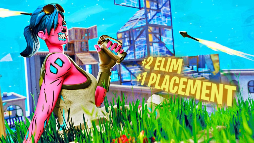 Pink Ghoul Trooper Fortnite character with grenade in grass by wooden build under blue sky wallpaper