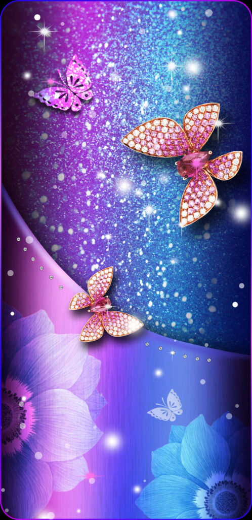 Vibrant Pink Glitter Butterfly Wallpaper with Purple and Blue Gradient