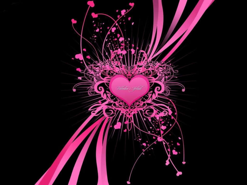 Vibrant Pink Heart Wallpaper with Floral Designs on Black Background