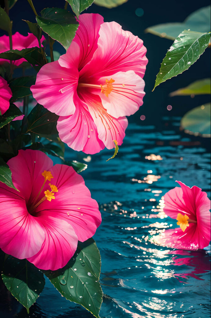 Serene Pink Hibiscus Wallpaper with Tranquil Water Reflections