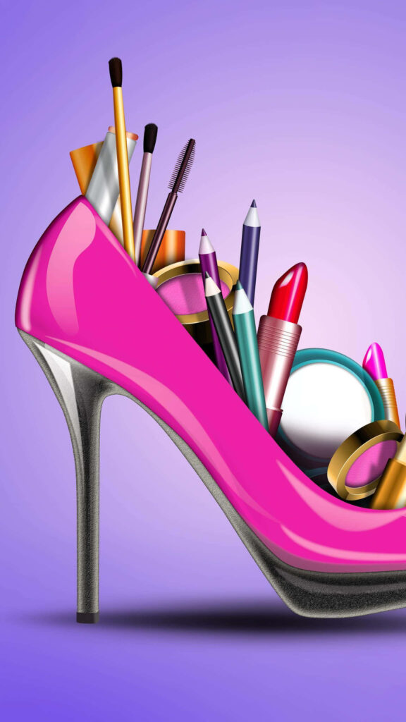 Vibrant pink high heel filled with colorful cosmetics on soft purple gradient fashion beauty wallpaper