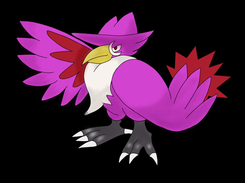 Pink Honchkrow digital illustration with yellow beak and crest on black desktop wallpaper background