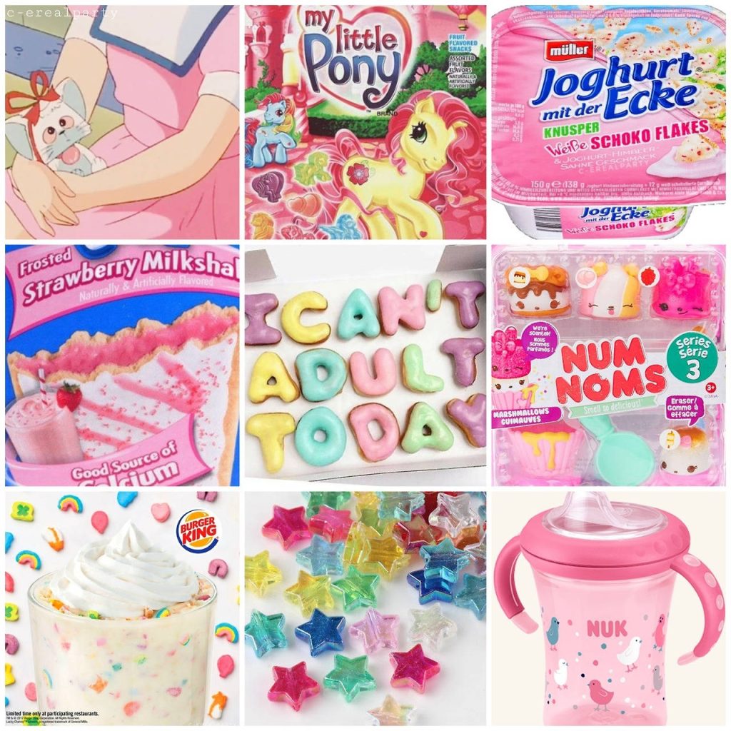 Vibrant pink Kidcore wallpaper collage with My Little Pony Num Noms Lucky Charms yogurt cup