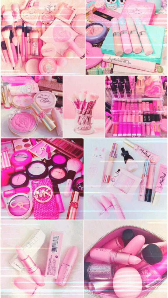 Vibrant pink makeup essentials wallpaper with brushes lipsticks eyeshadows blushes feminine chic