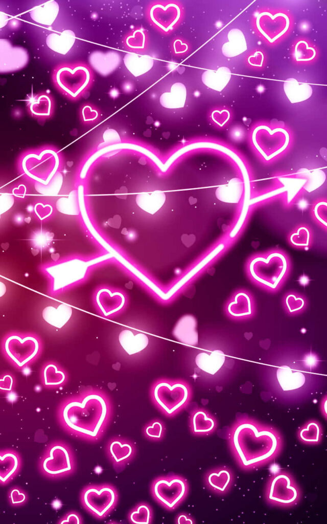 Glowing Pink Neon Heart Wallpaper with Sparkling Hearts & Gradient