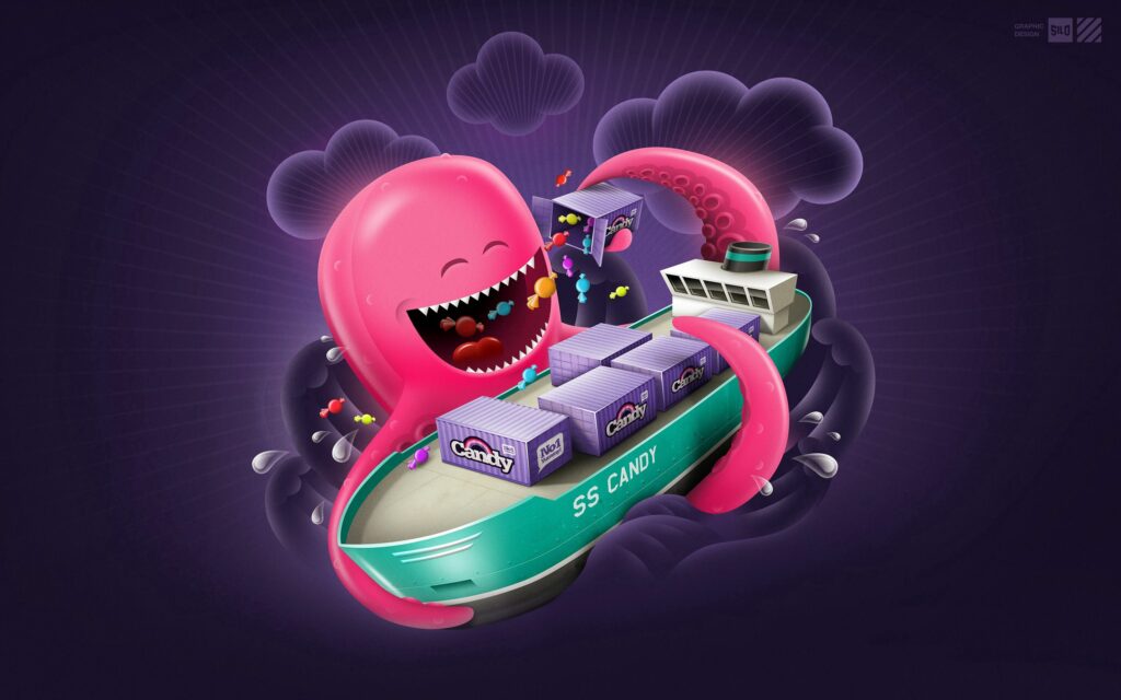Playful Pink Octopus Wallpaper with Colorful SS Candy Ship & Clouds