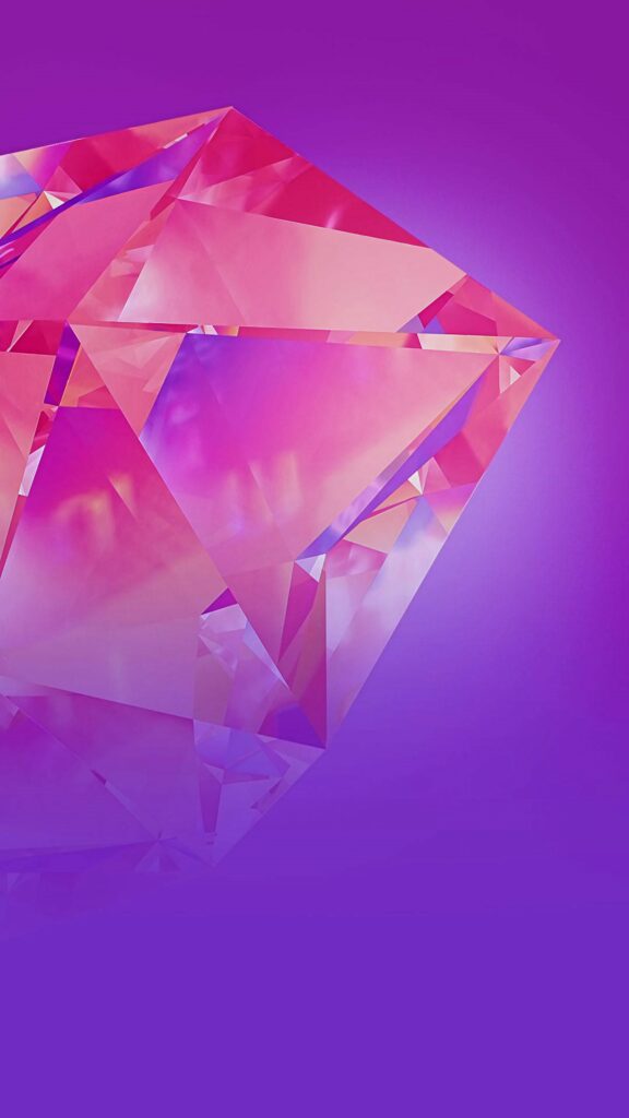 Faceted pink and purple diamond with geometric reflections on violet gradient wallpaper background