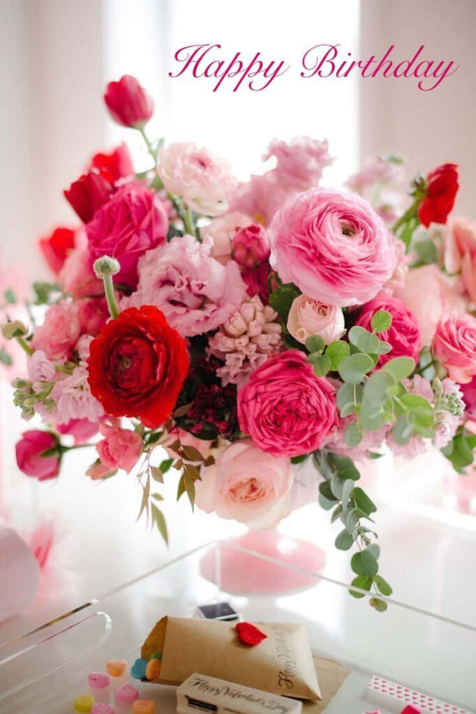 Vibrant Pink & Red Roses with Happy Birthday Message - Perfect Decor Wallpaper