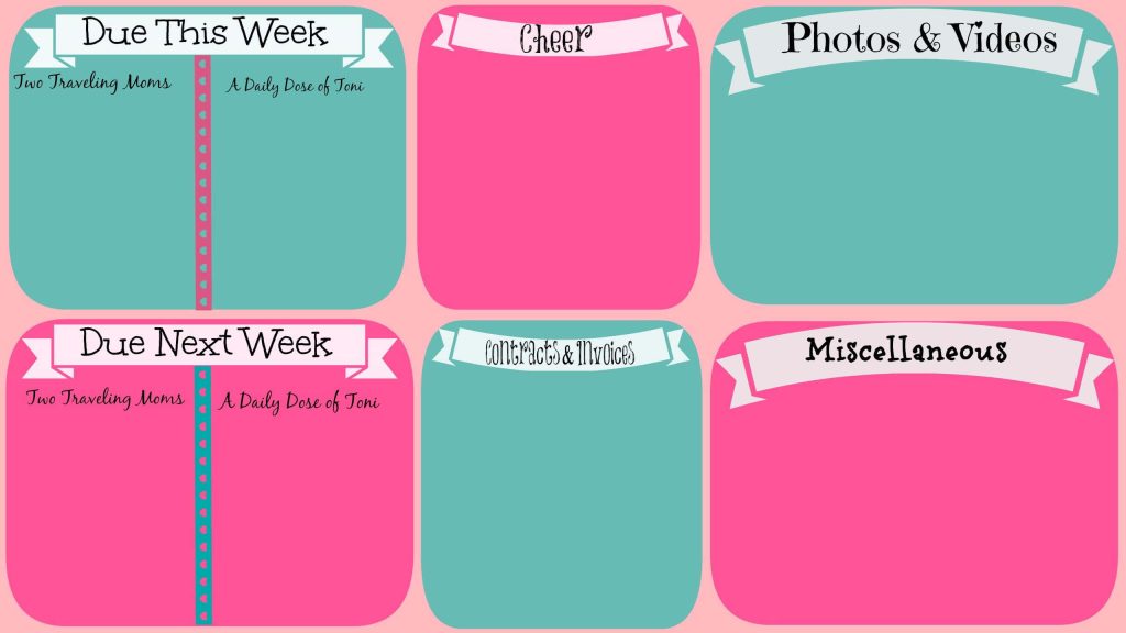 Vibrant pink turquoise desktop organizer wallpaper 3x2 grid with labeled file management banners