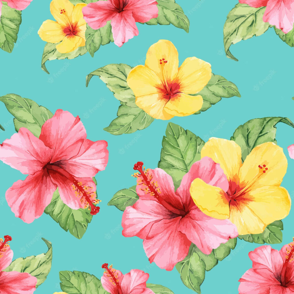 Vibrant Hibiscus Wallpaper: Pink & Yellow Flowers on Turquoise Background