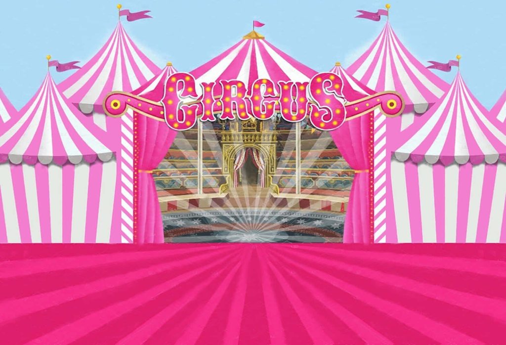 Vibrant circus wallpaper with pink white striped big top entrance and glowing marquee sign
