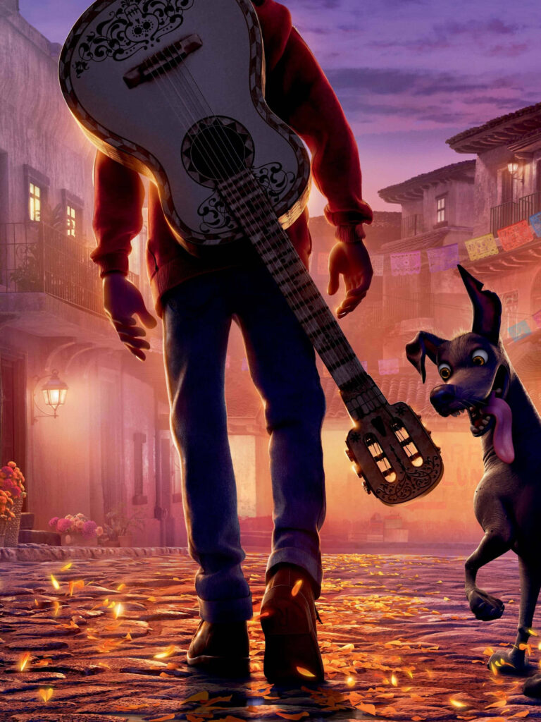Vibrant Pixar's Coco Wallpaper: Guitar, Streets & Loyal Dante
