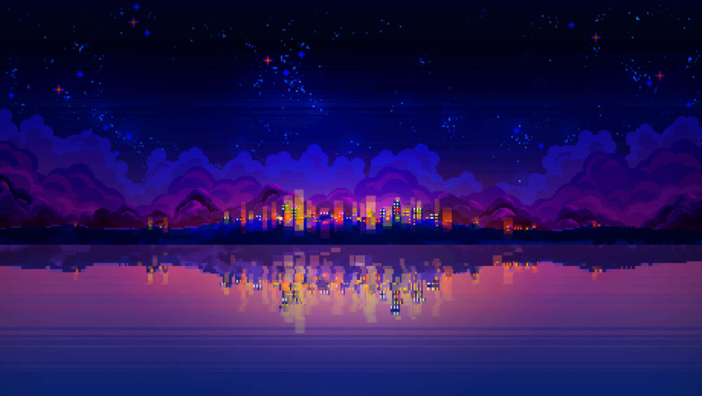 Vibrant Pixel Art Cityscape Wallpaper – Dreamy Starry Night Reflections