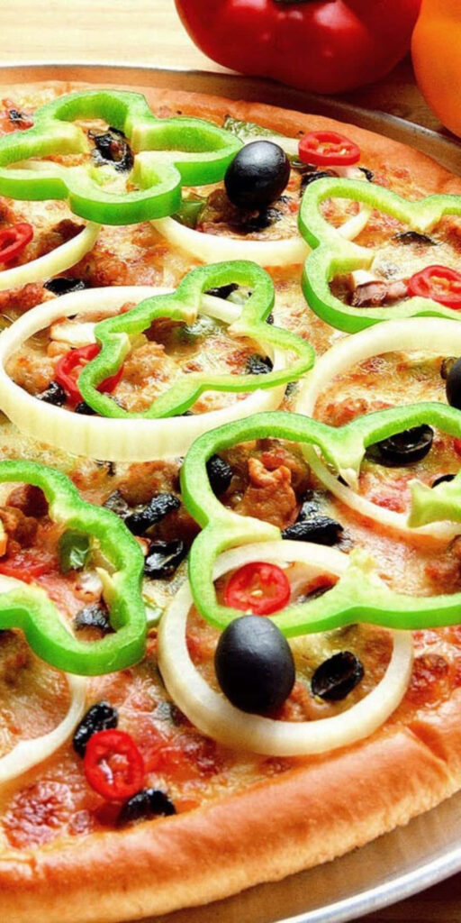 Vibrant Pizza Wallpaper: Capsicum, Olives, Chili & More on Wood