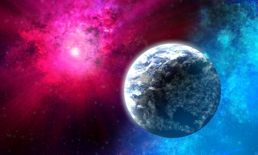 Vivid Cosmic Planet Wallpaper: Pink & Blue Stellar Background