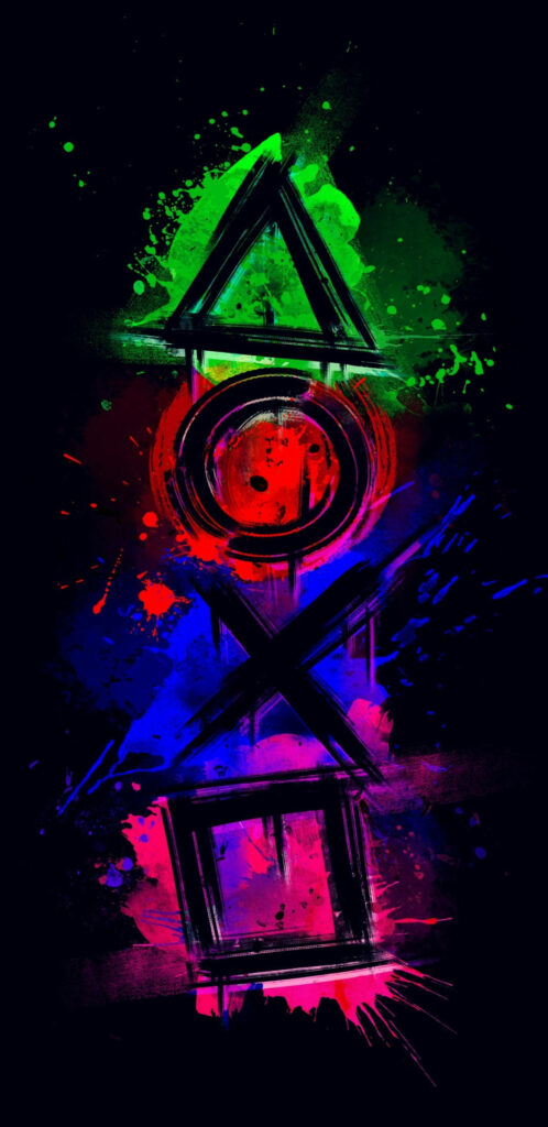 Vibrant PlayStation Button Symbols Splash Wallpaper on Dark Background