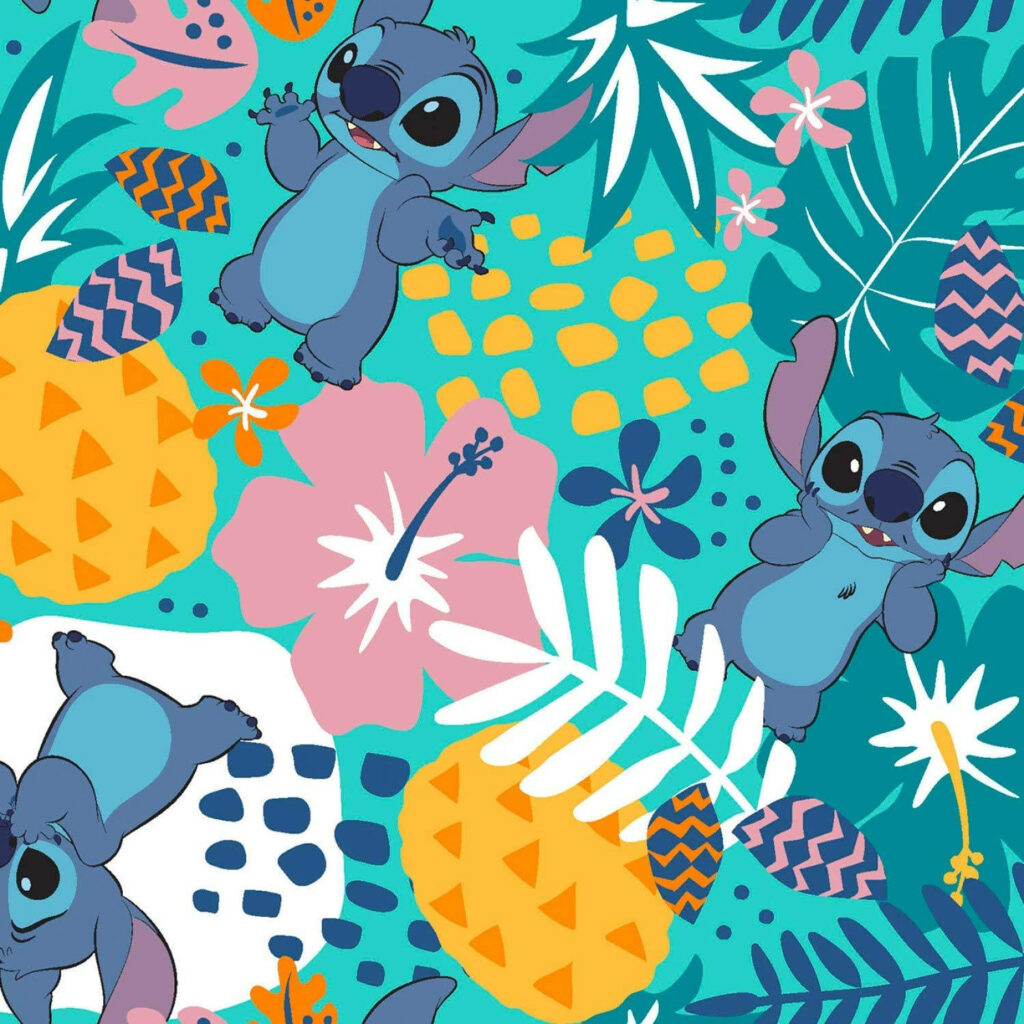 Playful Tropical Wallpaper with Vibrant Characters and Floral Design