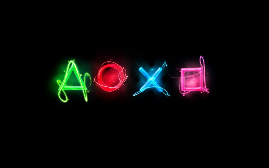 PlayStation neon symbols wallpaper glowing triangle circle cross square on black QHD background