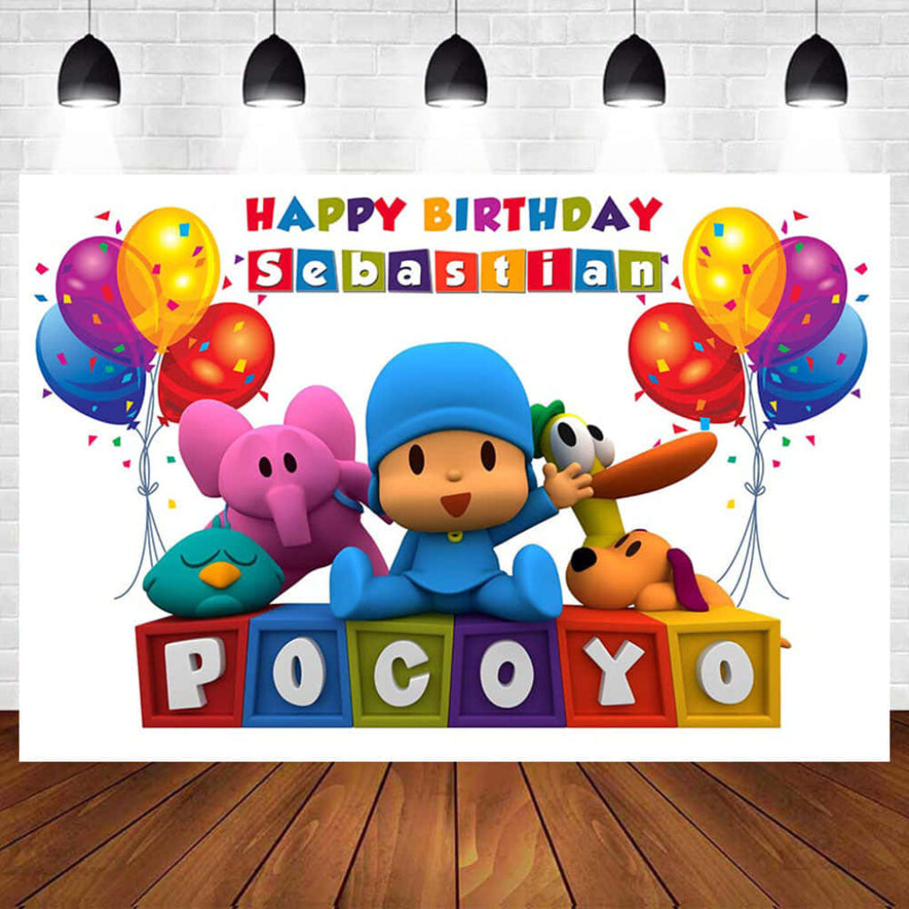 Pocoyo Birthday Party Backdrop: Bright Balloons & Confetti Fun Wallpaper