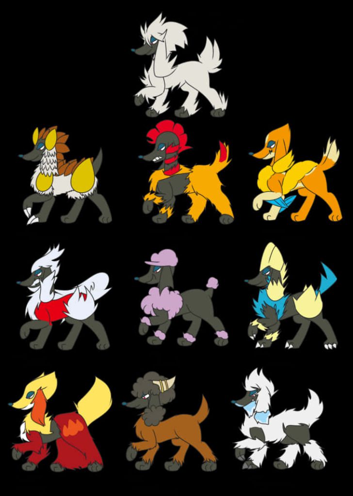 Colorful digital art of Pokémon Furfrou showing diverse grooming styles with black background Wallpaper