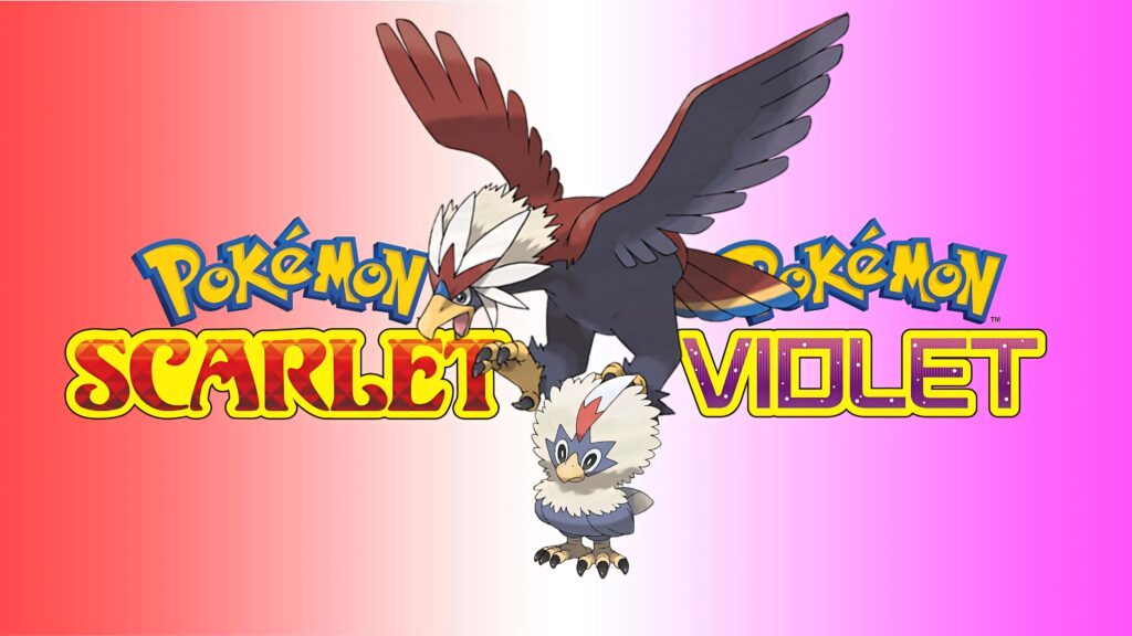 Pokémon Scarlet Violet wallpaper Braviary soaring over Rufflet red white pink anime style background