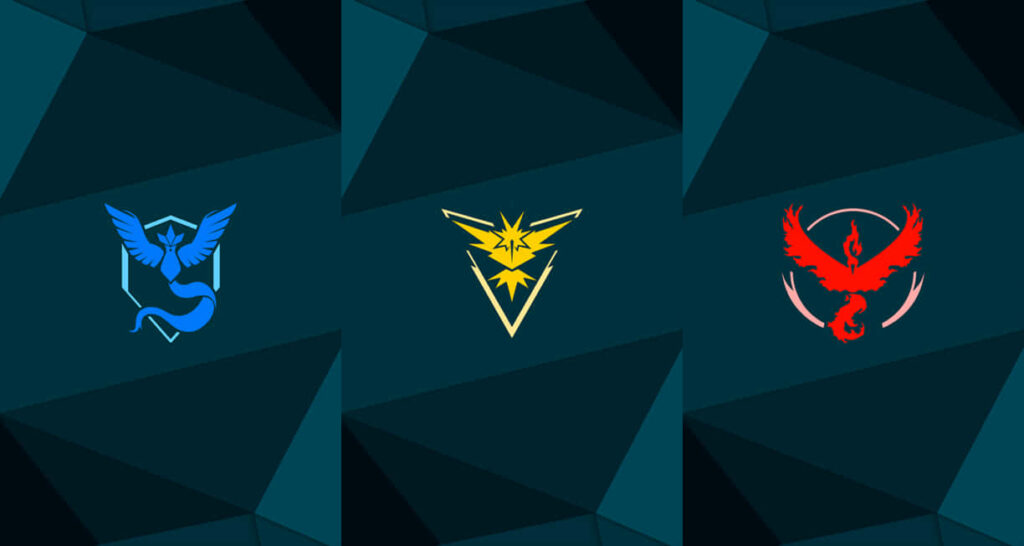 Vibrant Pokémon Team Logos Wallpaper on Black Teal Geometric Background