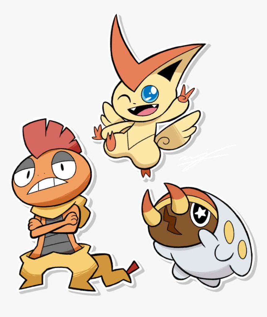 Digital sticker illustration of Victini Scraggy and Grubbin Pokémon on white background wallpaper