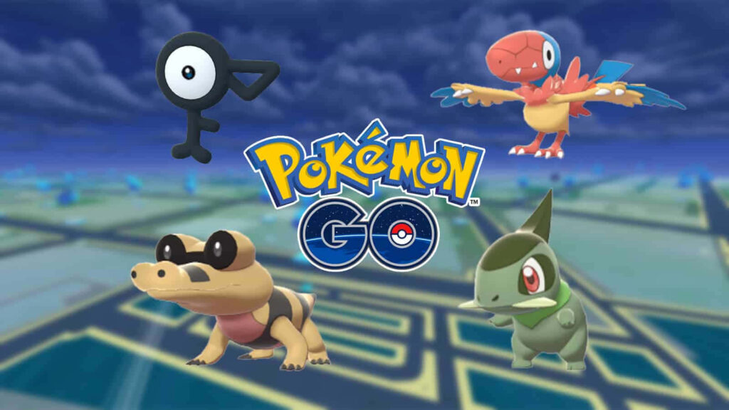 Vibrant Pokémon Wallpaper: Archen, Unown, Sandile & Axew Design
