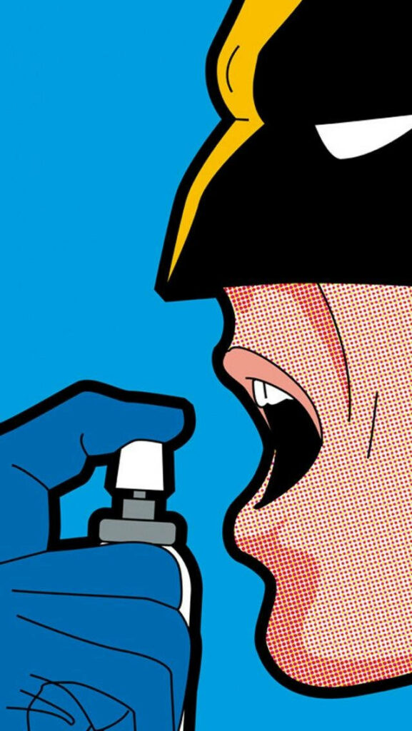 Batman using breath spray in vibrant pop art style bright comic colors wallpaper background