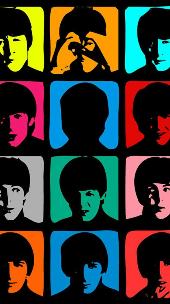 Pop art wallpaper of The Beatles faces in colorful blocks showcasing iconic music legends