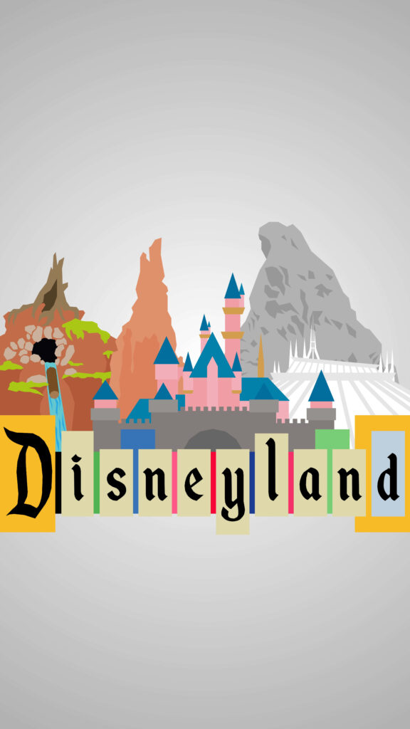 Vibrant pop art Disneyland phone wallpaper with colorful landmarks and bold Disneyland text