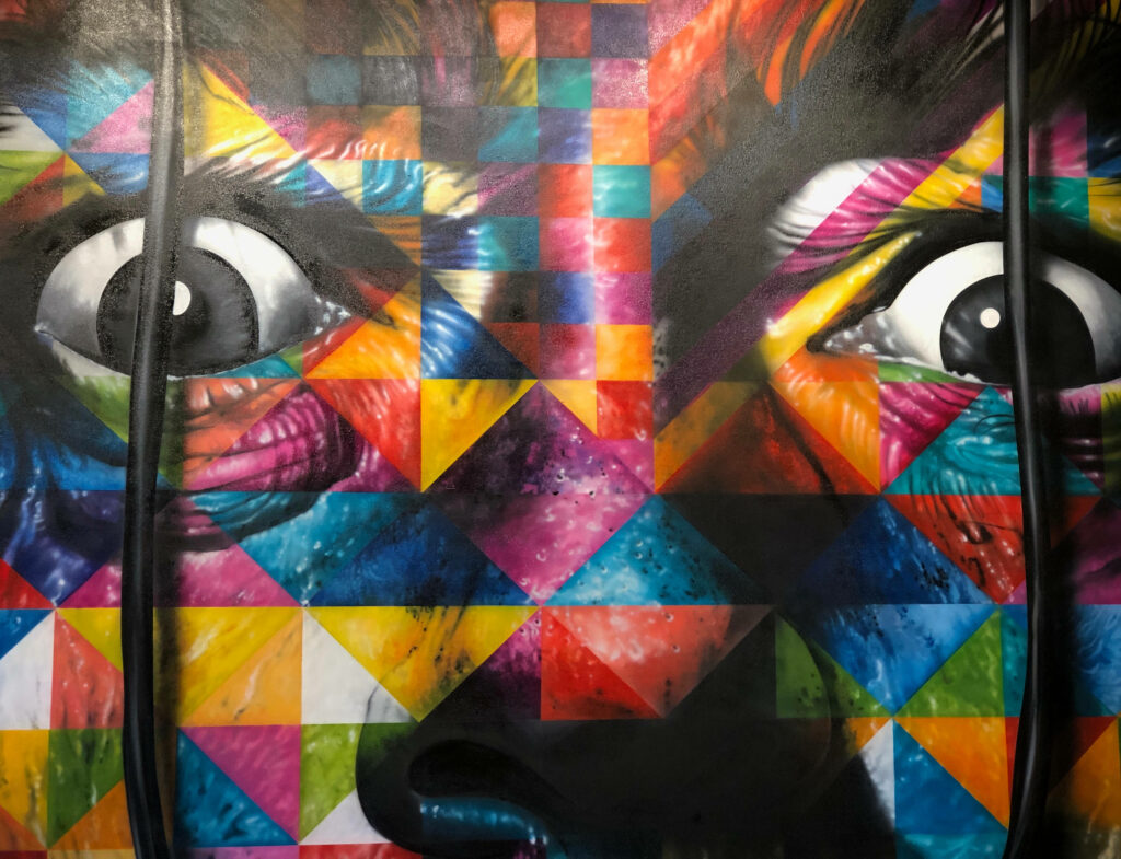 Vibrant pop art face wallpaper with colorful geometric patterns and bold expressive shapes