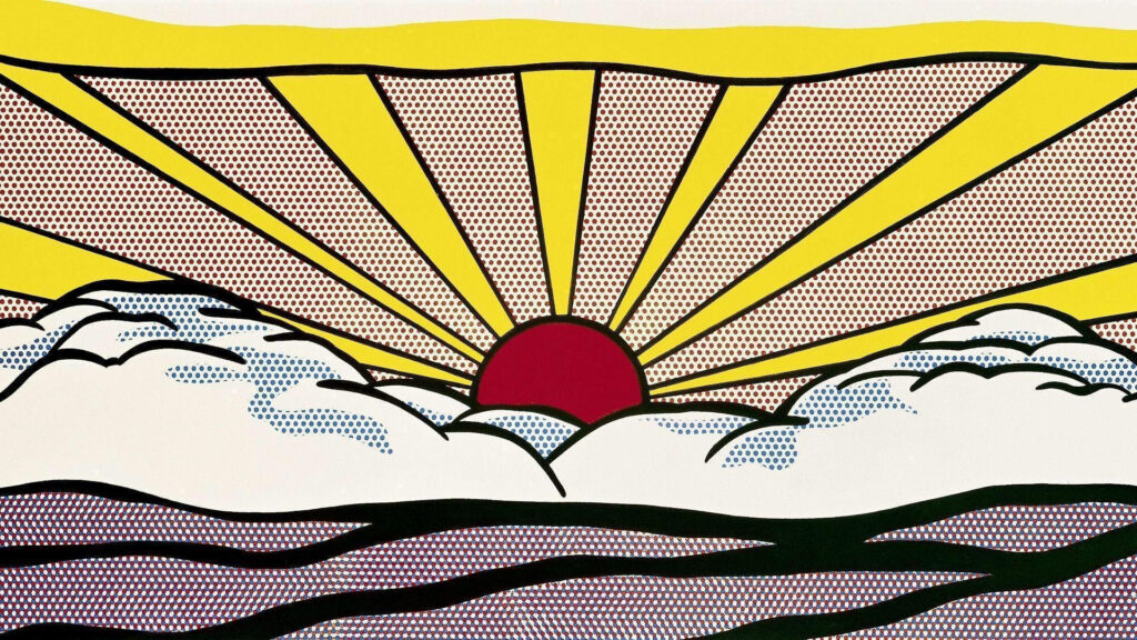 Vibrant pop art wallpaper red sun rising above stylized waves clouds yellow rays background