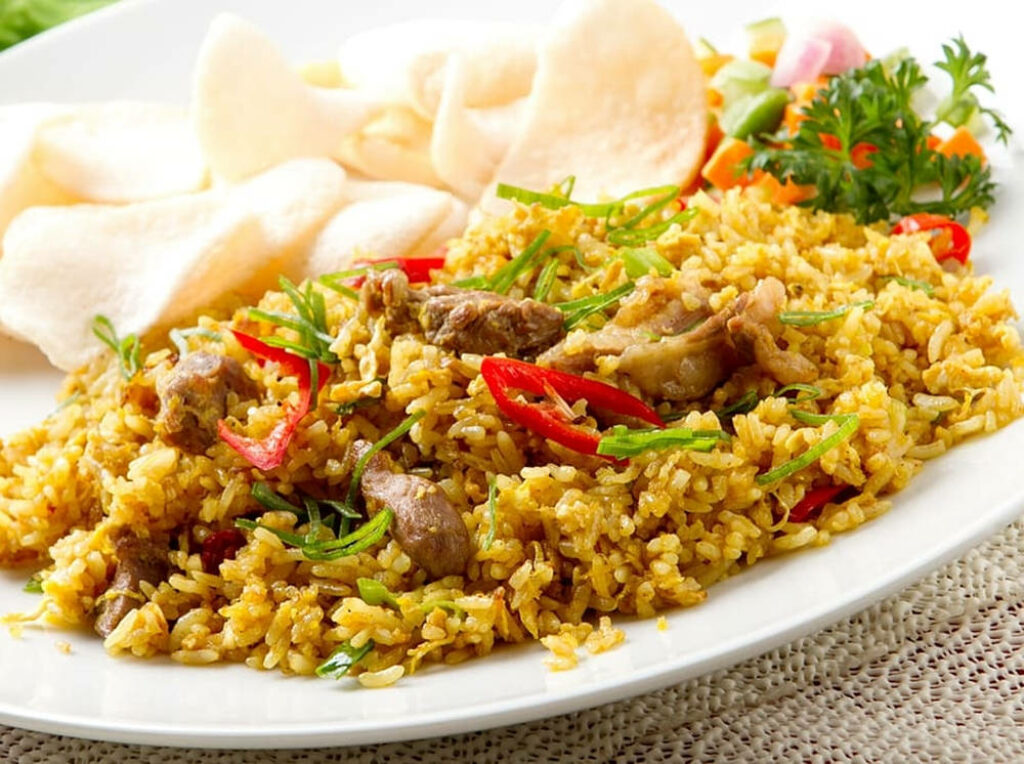 Colorful Pork Fried Rice with Crispy Crackers & Herbs Wallpaper