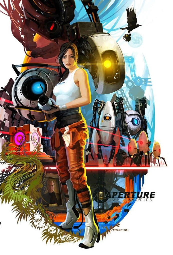 Vibrant Portal 2 Wallpaper: Chell with GLaDOS & Robots Background