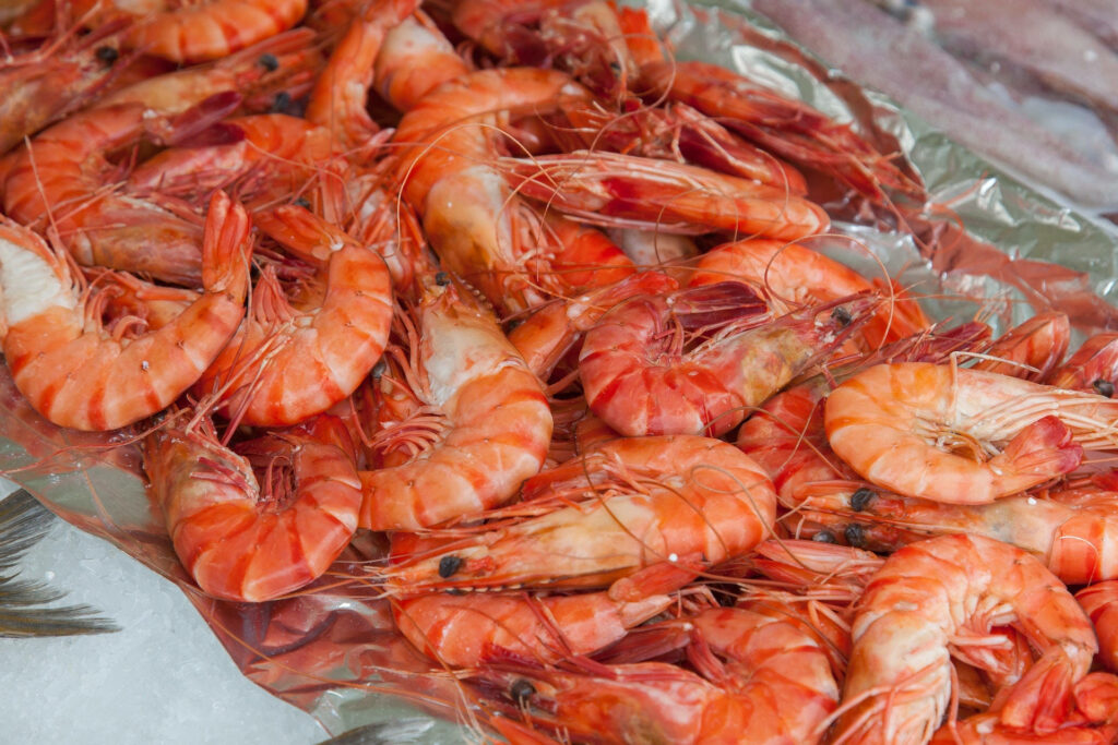 Vibrant Wallpaper of Fresh Prawns on Shiny Silver Foil