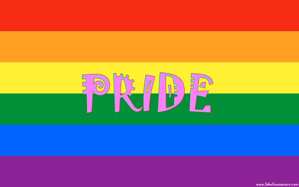 Vibrant digital wallpaper with six-stripe rainbow flag background and playful pink PRIDE text