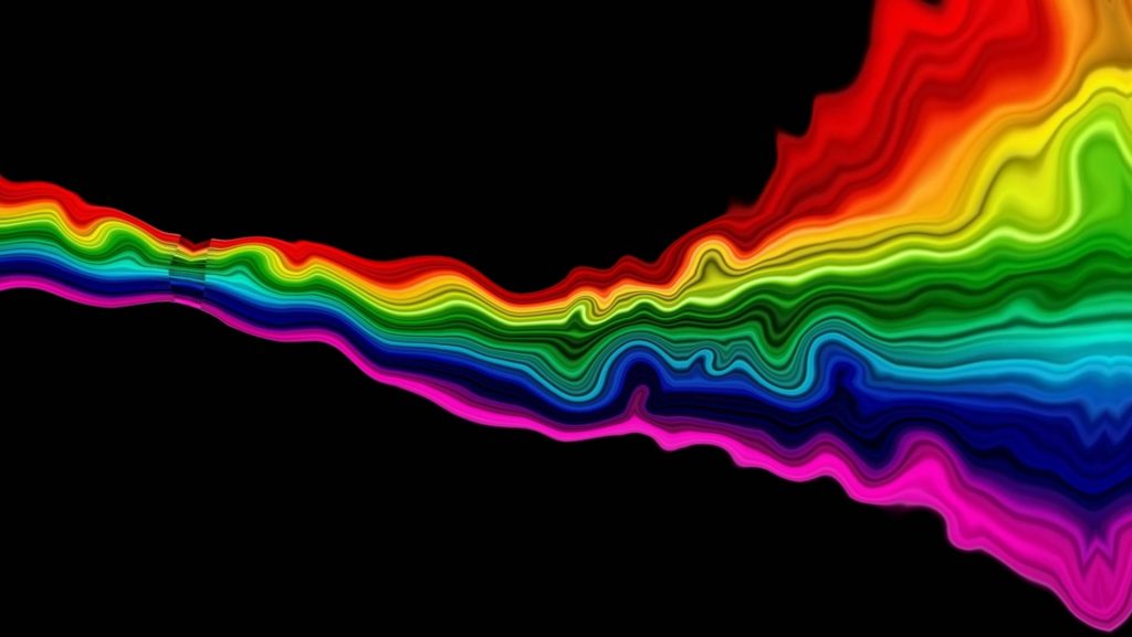 Vibrant Pride rainbow sound waves wallpaper with flowing liquid layers on black background