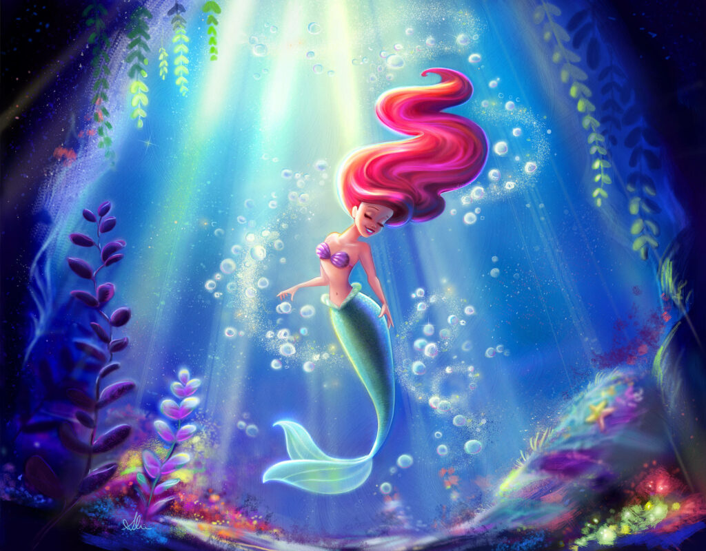 Princess Ariel swimming underwater with colorful plants shimmering light and magical bubbles wallpaper