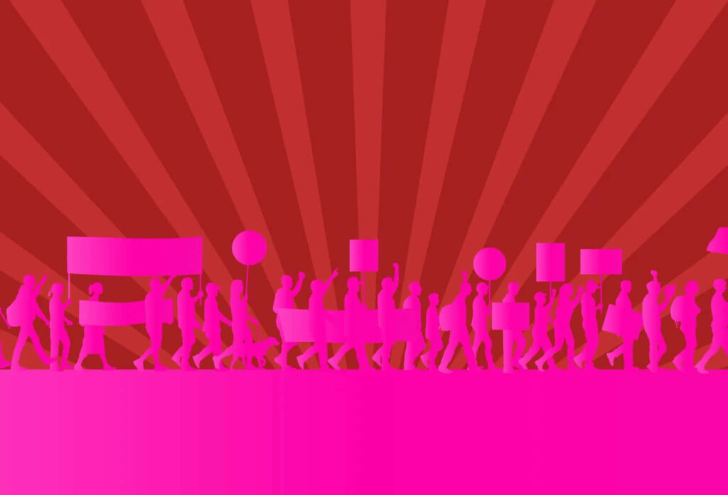 Vibrant Protest Wallpaper: Pink Silhouettes on Dynamic Red Background