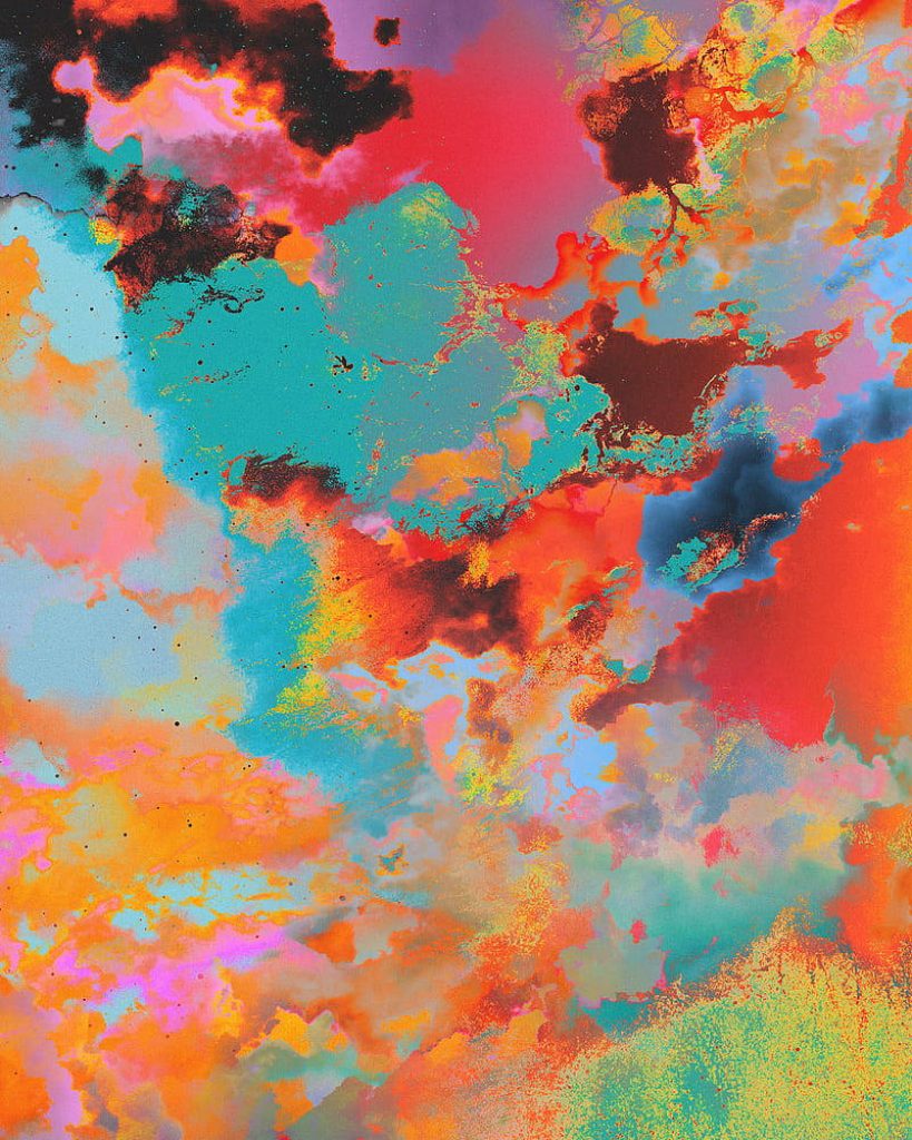 Vibrant abstract cloud wallpaper with electric blue pink orange yellow nebula digital art background