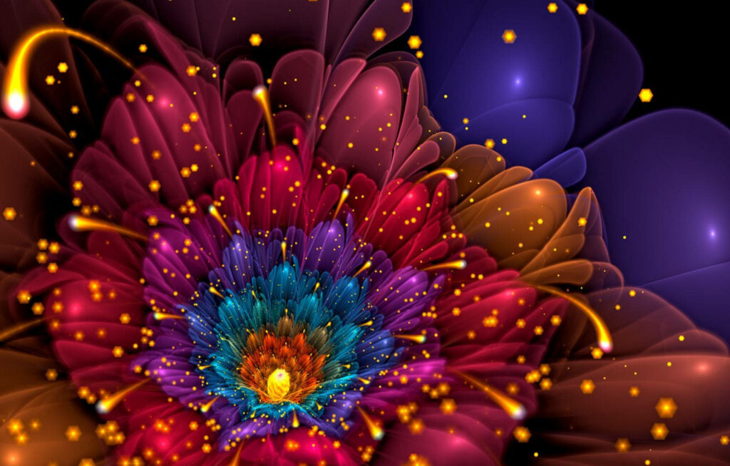 Vibrant Psychedelic Flower Wallpaper with Sparkly Accents