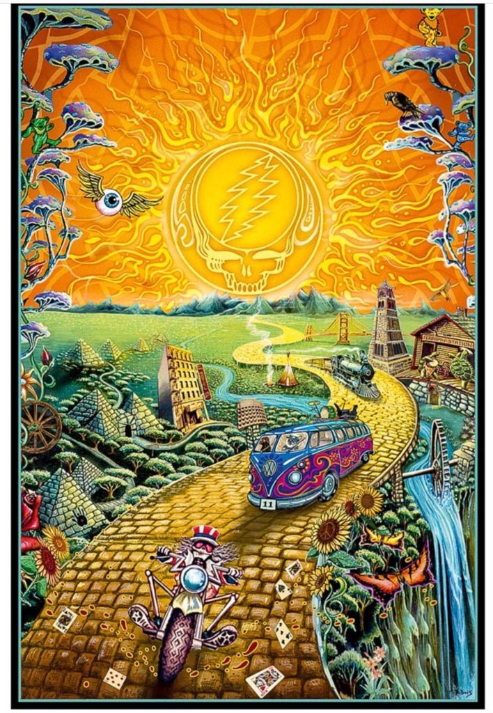 Psychedelic Grateful Dead Golden Road wallpaper with Steal Your Face sun Uncle Sam VW bus