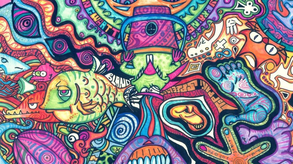 Vibrant psychedelic wallpaper with hand-drawn green fish neon colors and chaotic doodle art
