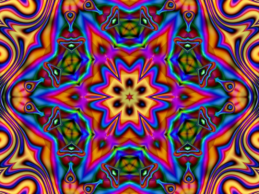 Psychedelic kaleidoscope wallpaper with vibrant neon blue magenta gold swirling colors peace love