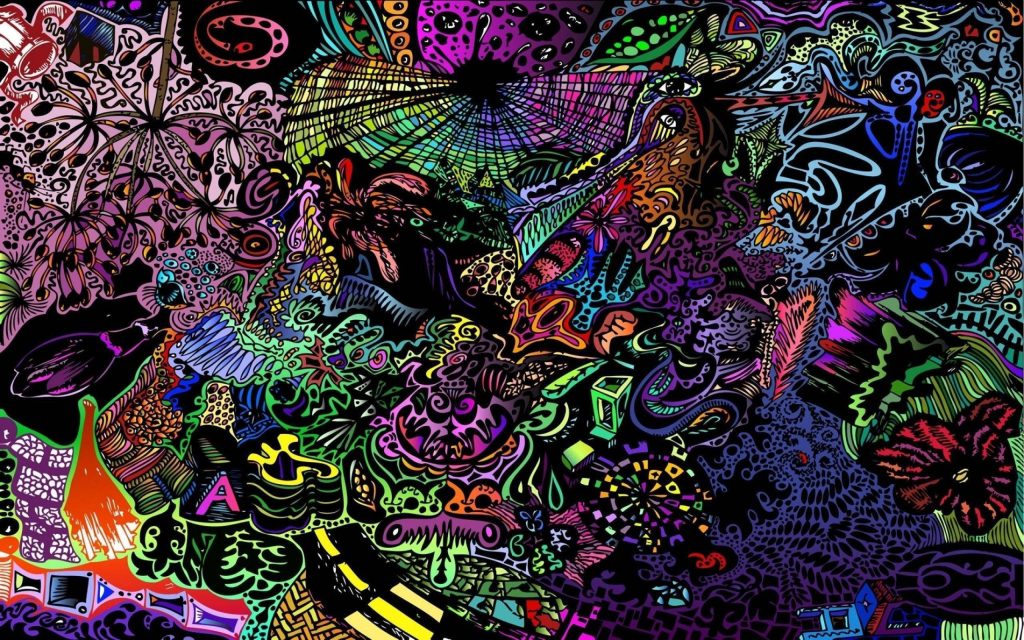 Vibrant psychedelic wallpaper with neon pink blue green doodles on black hippie artistic background