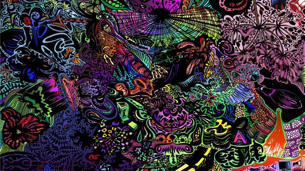 Psychedelic neon line art wallpaper with chaotic abstract patterns on black for hippie vibe