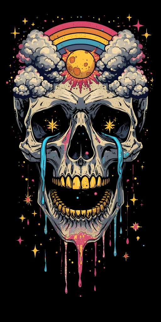 Vibrant trippy skull digital wallpaper with star eyes crying blue tears rainbow moon clouds