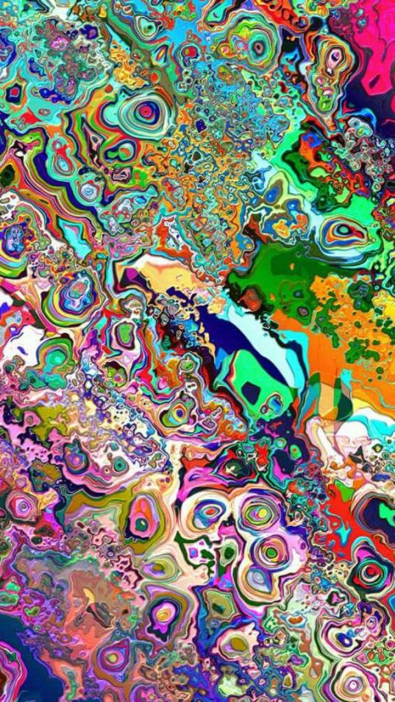 Vibrant abstract psychedelic wallpaper with swirling neon pink teal orange retro hippie pattern